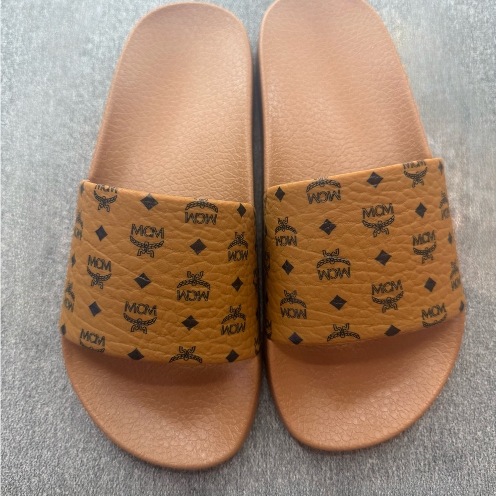 MCM Logo Pattern Slides in Tan size 37 NEW!